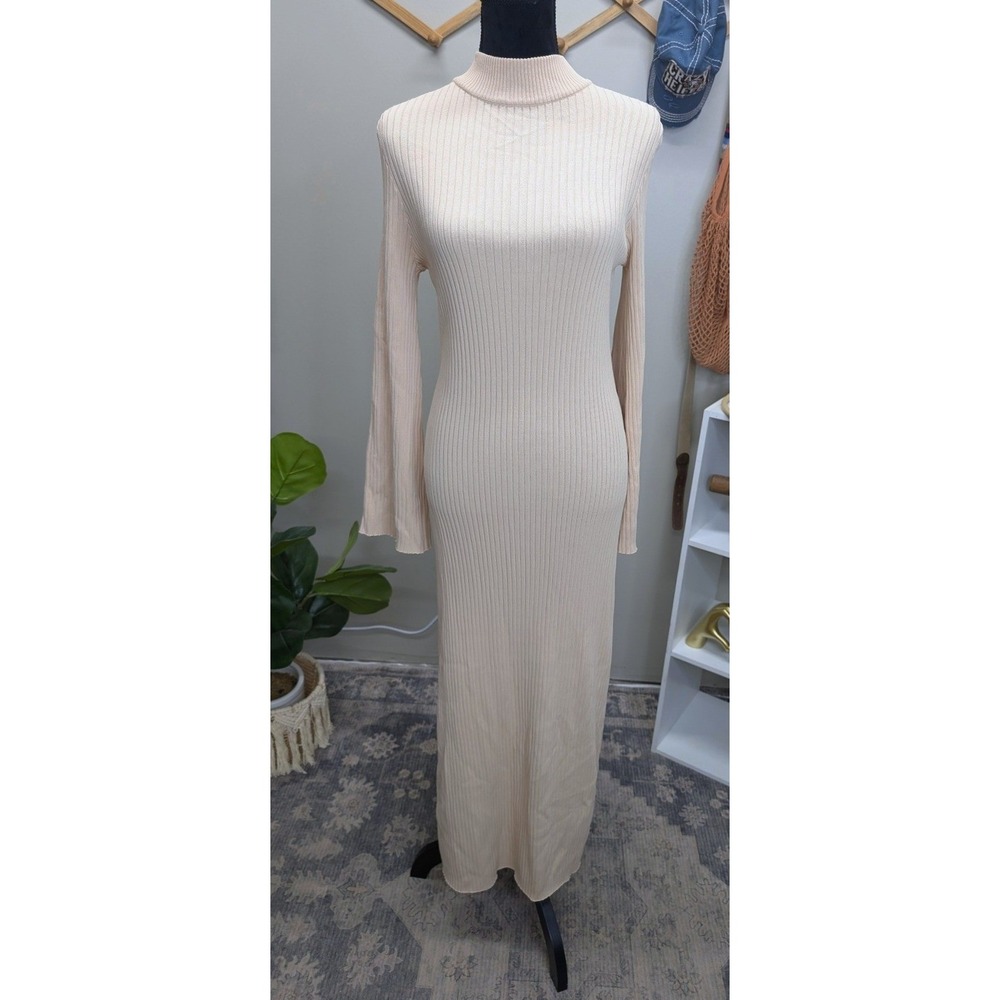Line & Dot Beige Ribbed Mock Neck Bell Sleeve Maxi Dress NWT Size M